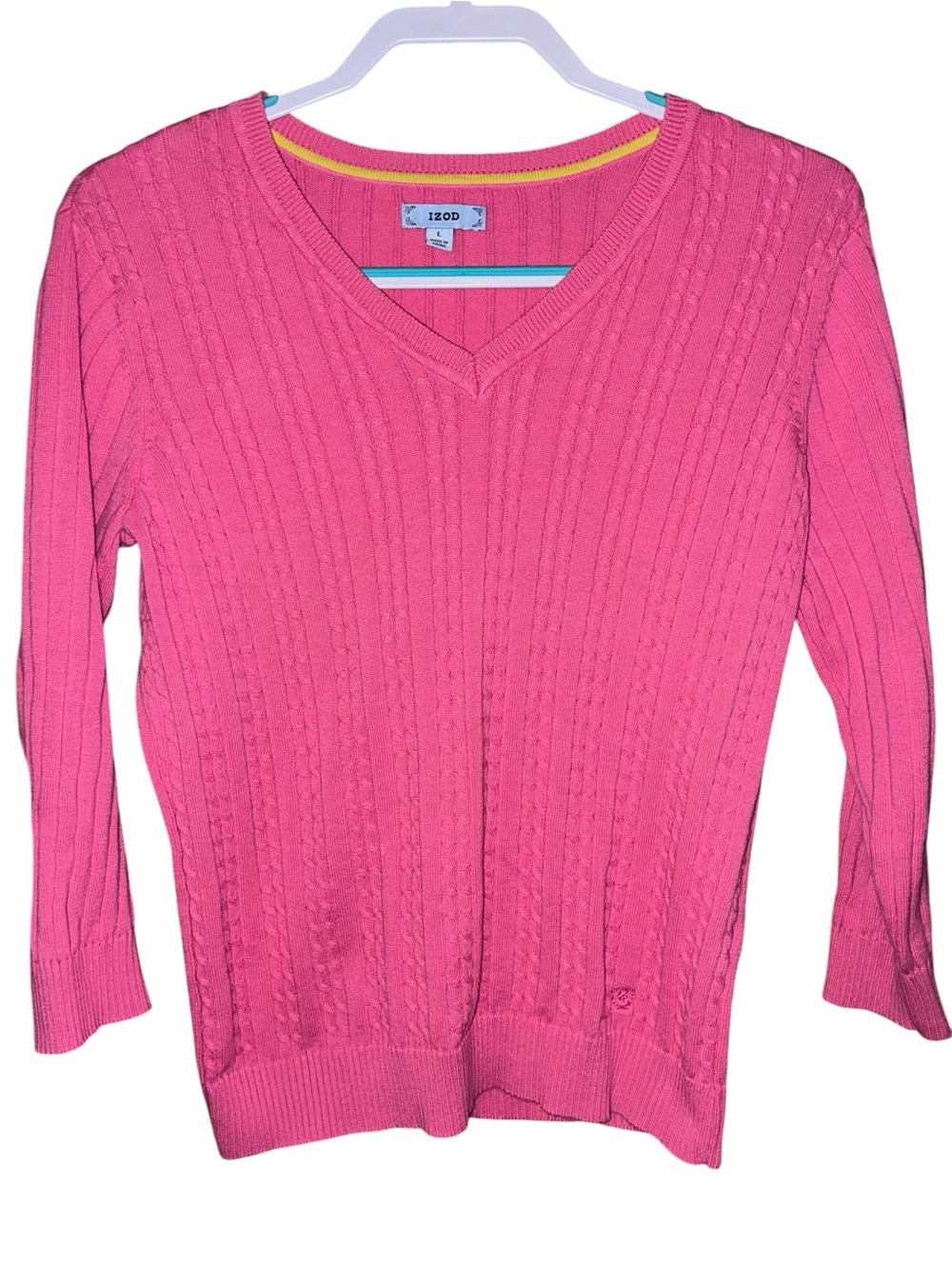 IZOD PINK CABLE-KNIT V-NECK SWEATER  SZ L
